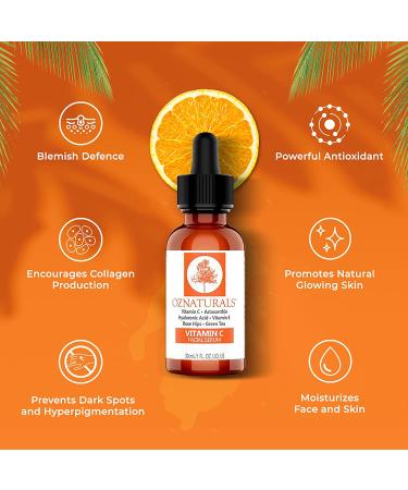 OZNaturals Vitamin C Serum with Hyaluronic Acid, Vitamin E, and Rosehip Oil - Anti Aging Facial Serum for Brighter, Even Skin Tone - Buy Online on GoSupps.com