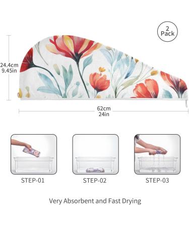 Red Flower Leaf Hair Towel 2 Pack - Super Absorbent Quick Dry Turbans for Women & Girls - Buy Online on GoSupps.com