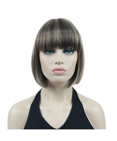 Lydell 8" Straight Short Bob Wigs Heat Resistant Synthetic Hair Flat Bangs Cute Central Dot Skin (L8-124) L8-124 Brown with hightlights