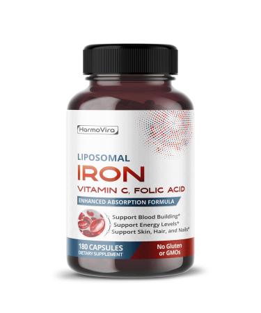 Liposomal Iron with Vitamin C Folic Acid B12 B6 B1 Support Energy & Red Blood Cell Formation Gentle Formula 180 Capsules Non-GMO Gluten-Free 60 count (pack of 2)