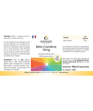 B ta-carot ne 15mg - 250 g lules - 15mg par g lule (correspond 25 000 UI) - Provitamine A - HAUTEMENT DOS - Qualit pharmaceutique allemande | Warnke Vitalstoffe - Buy Online on GoSupps.com