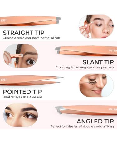 EXCLAIM BEAUTY 4-Piece Stainless Steel Precision Tweezers Set for Men & Women - Eyebrow, Splinter, and Ingrown Hair Removal - Includes Leather Case - Rose Gold - Buy Online on GoSupps.com