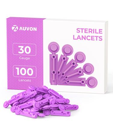 AUVON Blood Lancets  30 Gauge 100 Twist Top Lancets with Less Pain Design Fit Most Standard Lancing Devices for Blood Sugar Kit and Glucose Meter Bright Purple