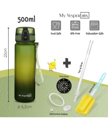 My Vesperbox Minny Leak Proof Kids Water Bottle with Straw or Strainer 350ml 500ml 750ml Lightweight BPA Free Water Bottle for Kindergarten School (Green Light Green Black 500ml) - Buy Online on GoSupps.com