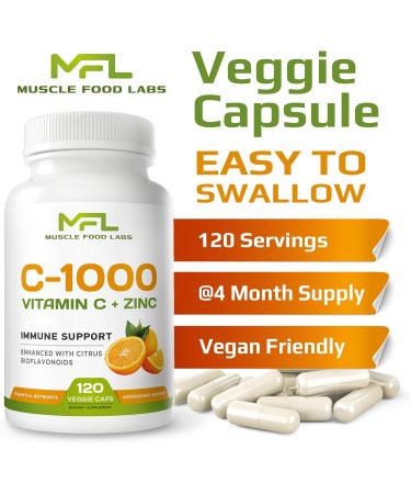 MUSCLE FOOD LABS (2 Pack) MFL Vitamin C + ZINC | C - 1000 | VIT C 1 000mg | Zinc 25mg | Citrus Bioflavonoids 25mg | Non-GMO & Gluten Free - Buy Online on GoSupps.com