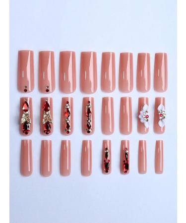 24pcs Red Sweet Coffin Fake Nail Rhinestone Gold Heart Butterfly Press on Nails Trendy Rhinestone Coffin Nails Luxurious Nails Acrylic Nails Fake Nails For Women Girls - Buy Online on GoSupps.com