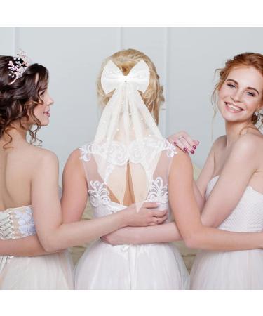 Bridal Bow Veil Pearl Bow Hen Party Veil Lace Butterfly Hair Clips White Hair Bow for Women and Girls Halloween Party - Buy Online on GoSupps.com