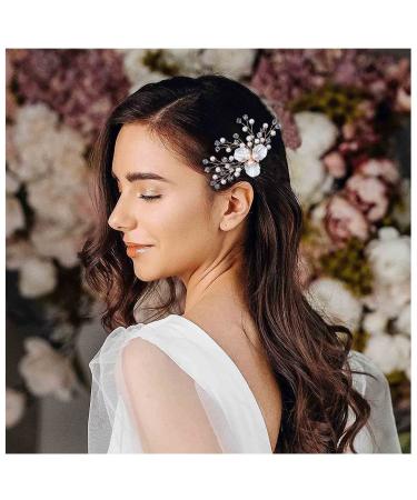 Dervivea Bridal Crystal Flower Hairpins Bride Wedding Pearl Hair Pins Gold Rhinestone Hair Pieces Vintage Flower Weddings Hair Comb Decorative Hair Accessories for Women and Girls Headdress