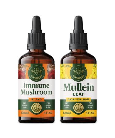 HERBAMAMA Liquid Drops Kit - Bundle of Super Immune Mushroom Complex and Mullein Leaf Tincture 4 fl oz - Vegan Non-GMO Sugar & Alcohol-Free - 2 Pack