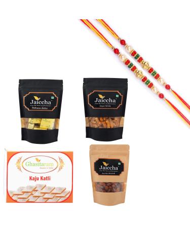 Ghasitaram Gifts Rakhi Gifts for Brothers Rakhi Sweets - Best of 4 Kaju Katli MEWA Bites Pouch SOYA Sticks Pouch and Flavoured Almonds Pouch with 2 Pearl Beads Rakhis Kaju Katli Mewa Bites Soya Sticks Almonds 2 Rakhis