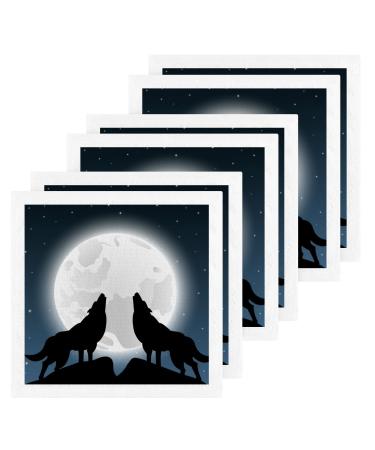 Kigai 6 Pack Night Moon Wolf Washcloths Soft Face Towels Gym Towels Hotel and Spa Quality Reusable Pure Cotton Fingertip Towels