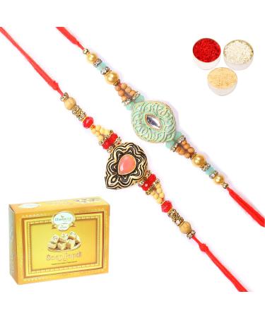 Ghasitaram Gifts Rakhi for Brother Rakhis Online - Set of 2 8469 8487 Premium Rakhis with 200 GMS of Soan Papdi