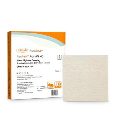MedHeal Silver Calcium Alginate Ag Sterile Highly Absorbent Antibacterial Dressing, 4.25"x4.25", 5 dressings/Box, MedHeal by MedvanceTM 5 Count (Pack of 1)