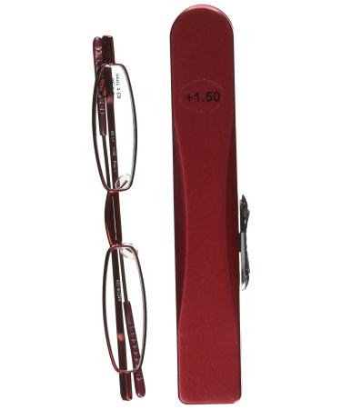 I-Mag Mini Metal Spring Hinge Reading Glasses with Slide Open Hard Case (Red 1.50)