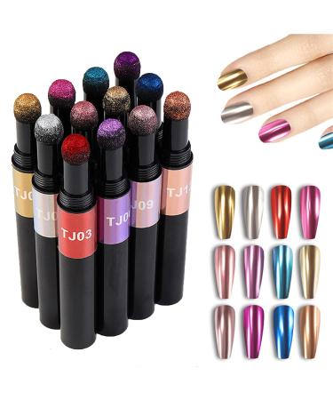 Chrome Powder Pen for Nails PTGMH 12 Colors Nail Art Pen Nail Polish Pens Air Cushion Mirror Nail Powder Pigments for Nails Nail Decorations (multicolor)