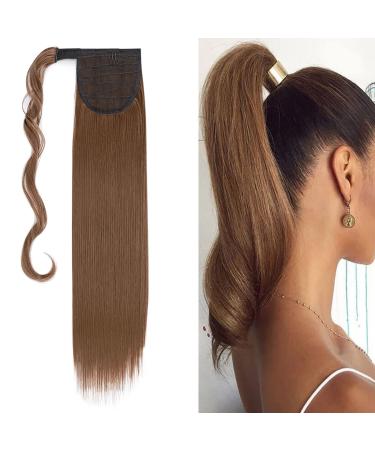 23" Long Straight Wrap Around Ponytail Clip in Hair Extensions One Piece Hairpiece Magic Tape in Pony Tail Extension for Women Light Brown