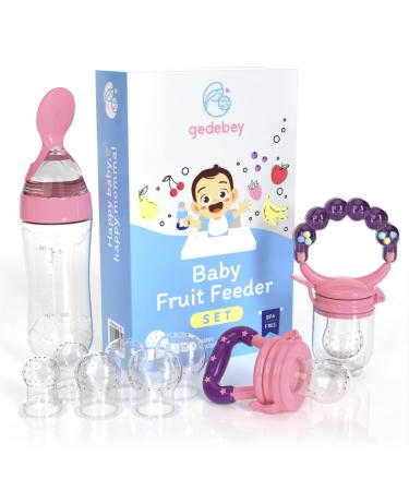 Gedebey Baby Fruit Feeder Pacifier - 3 Pack | 2 Silicone Baby Feeder Pacifiers & 1 Baby Feeding Spoon | Frozen Fruit Teether | Forage Feeder | Food Pacifier for Babies | Baby Food Spoon (Pink)