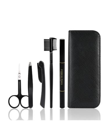 Y-KINZ 5PCS Eyebrow Grooming Kit for Women Men Tweezers|Eyebrow Razor|Eyebrow Scissors|Eyebrow Bush and Comb|Eyebrow Pencil Foldable Shaper Stainless Steel Eye Brow Trimming Tool with Leather Case
