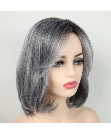 RENERSHOW Ombre Grey Short Bob Wig with Curtain Bangs - Natural Straight Mix Gray Heat Synthetic Salt N Pepper Wig for Women - Buy Online on GoSupps.com