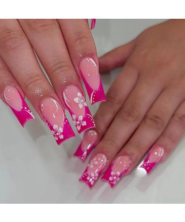 MISUD Press on Nails Long Square Fake Nails Glossy Glue on Nails Hot Pink French Tip Acrylic Nails Squoval Artificial Nails Summer Flower Stick on False Nails with Design 24 pcs 04820Hot Pink