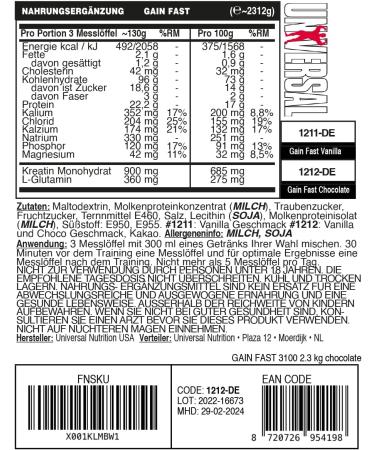 Universal Nutrition Gain Fast Chocolate - 2.3kg Mass Gainer & Whey Protein for Muscle Building Creatine Monohydrate & Essential Fatty Acids - Best Weight Gainer for Maximum Result - Buy Online on GoSupps.com