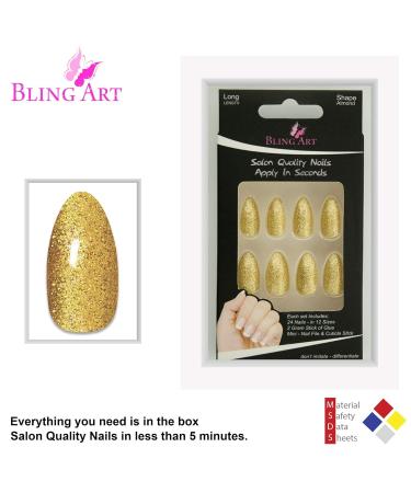 Shop Bling Art Gold Gel False Nails - Stiletto Almond 24 Long Artificial Nails with Glue for Perfect Manicure - Buy Online on GoSupps.com