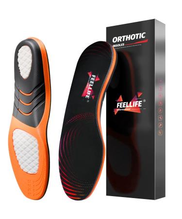 FeelLife Plantar Fasciitis Relief Shoe Insoles 1-Pair, Arch Support Insoles, Running Athletic Gel Shoe Inserts, Orthotic Insoles for Arch Pain Trim to Fit: Men 8-11/Women 9-12 Black & Orange L(Men 8-11/Women 9-12)