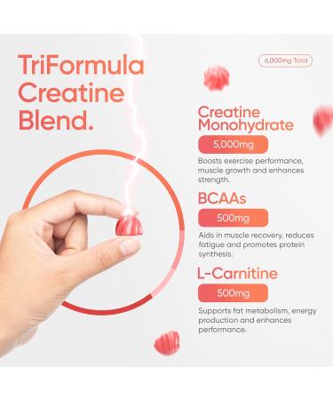 Revigr Max 5000mg 90 Creatine Monohydrate Gummies Added 500mg BCAAs + 500mg L-Carnitine Vegan & Sugar-Free Premium Pre-Workout Gym Supplement (1 Month Supply) (Strawberry Burst) - Buy Online on GoSupps.com