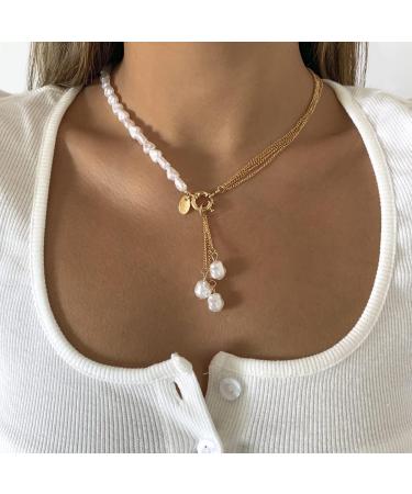 Jumwrit Pearl Layered Necklace - Gold Disc Pendant & Tiny Chain for Women - Buy Online on GoSupps.com