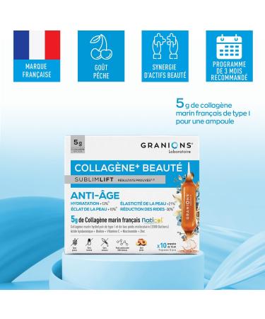Marine Collagene Ampoule + Beauty Sublimlift GRANIONS - 5 g Marine Collagene/J - Hyaluronic Acid Vitamin C Zinc Biotin - Collagen and Hyaluronic Acid - Anti Wrinkle - Anti-Aging - 10 Ampoules 15 ml - Buy Online on GoSupps.com