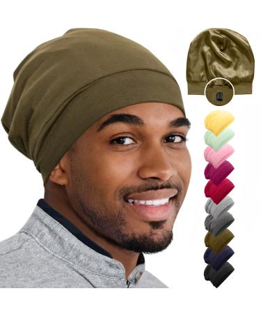 Silk Satin Bonnet for Men Hair Cover Sleep Cap Head Wraps for Sleeping Beanie Hat for Guys Adjustable Stay On Headwear Satin Lined Nurse Caps Bonnets for Black Men Natural Curly Hair Wrap Night Cap Olive