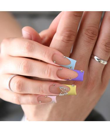 Kotkiddy 24pcs Long Press-On Nails - Black French Tips with Butterfly Rhinestones - Full Cover Coffin Nail Art - Glossy Stick-On Fake Nails (Multicolored) - International Shipping Available - Buy Online on GoSupps.com