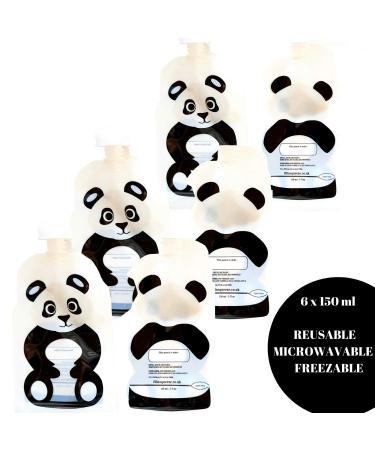 Fill n Squeeze Baby Food Reusable Pouch - Bottom Opening Double Zip - Easy Cleaning Baby Pouches for Weaning Yoghurt Purees & Lumpy Homemade Food - BPA & PVC Free - 6 x150 ml Panda
