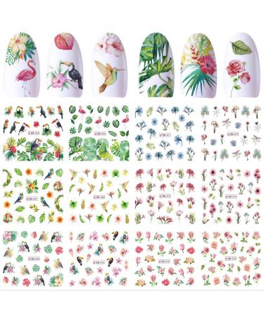 NELJIBEHU Nail Decals for Women Nail Art Stickers Water Transfer Decals Design 12 Sheets Flower Leaf Parrot Nail Tattoo Paper DIY Nail Art Supplies Manicure Acrylic Nail Foil Stencils Decorations Accessories