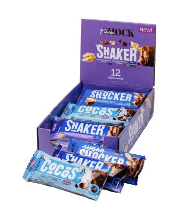 FitnesSHOCK Protein Bar Mix Box in Milk Chocolate Fitness Bars No Added Sugar 12-Pack Protein Bars Low Calorie Soft Nut Bars Low Carb Palm Oil-Free High in Fiber Coconut Walnut Peanut 12x35g Mix Box 35g