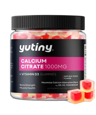 Yutiny Calcium Citrate Filled Gummies Extra Absorption Calcium Citrate 1000mg with Vitamin D3 K2 & Magnesium Chewable Supplement for Bone Muscle Health 60 Count