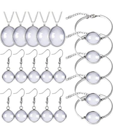 GOLESMIY 40pcs Pendant Trays Set  Including 5pcs Pendant Trays Necklace  5pcs Bracelet Bezel Settings  10pcs Glass Cabochons Earrings  20pcs Glass Dome Cabochon for DIY Jewelry Making B-Round Silver Set