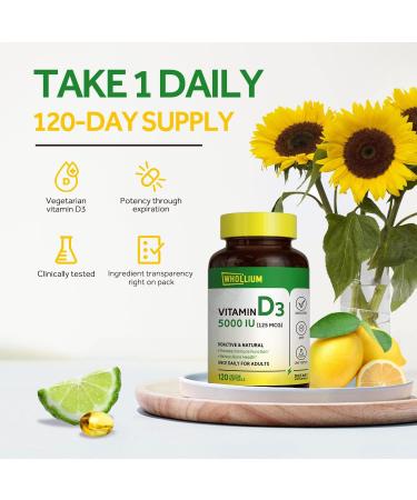 Whollium Vitamin D3 5000 IU - Bone & Dental Health Support, Brain & Immune Function - 120 Vegetarian Softgels - Buy Online on GoSupps.com