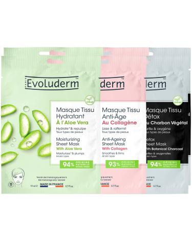 Evoluderm EVOLUDERM - Set of 6 Anti-Aging Fabric Masks (x2) + Moisturizing (x2) + Detox (x2) - 18ml - Natural Ingredients - Made in France