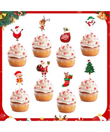 Opakawpop 48pcs Merry Christmas Cake Toppers 8 Patterns Christmas Cupcake Toppers Christmas Cake Decorations Cute Snowman Christmas Cake Topper for Birthday Party