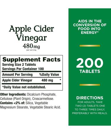 Buy Nature's Bounty Apple Cider Vinegar 480mg Pills - Vegetarian Plant-Based Supplement (200 Tablets Pack of 2) - Fast International Shipping - Buy Online on GoSupps.com