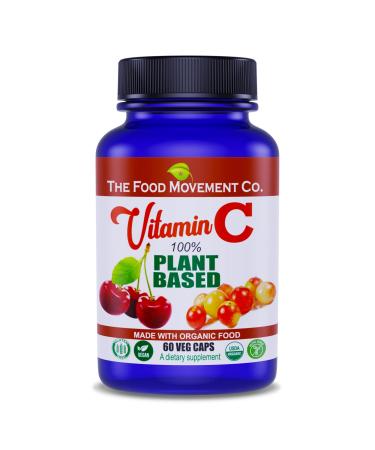 THE FOOD MOVEMENT CO. 100% Plant-Based Vitamin C 60 Capsules 125mg - Adults Immune System Antioxidant Support Dietary Supplement - Whole Food Vegan Supplements from Organic Non-GMO Gluten-Free Fruits