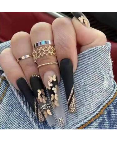 Justotry 24 pieces Coffin black nails long gold glitter French artificial nails ballerina artificial nail press on nails butterfly fingernails finger nails for women butterfly & gold1