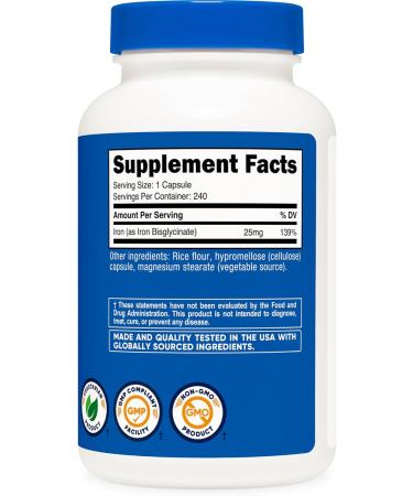 Nutricost Iron Bisglycinate Supplement (25mg) 240 Capsules - from Ferrous Bisglycinate Chelate - Non-GMO & Gluten-Free Gentle Iron 240 Count (Pack of 1) - Buy Online on GoSupps.com