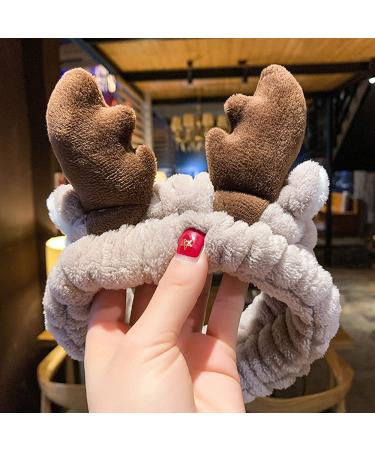 Reindeer Ear Headband Spa Headbands Cute Elk Hair Bands for Shower Yoga Makeup Face-washing Facial Head Wraps Elastic Headbands for Girls Women Ladies Boys Men Kids White brown
