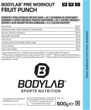 BODYLAB24 Concentrated Pre-Workout Booster 500g - Fruit Mix Energy Boost with Creatine Beta-Alanine & Caffeine for Maximum Training Power - Buy Online on GoSupps.com