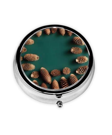 Pine Cone Borderround Pill Box 3 Compartment Round Pill Box Organizer &Portable Travel Pill Box for Traveling.