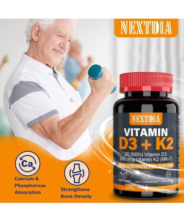 Vitamin D3 20,000 IU + K2 200mcg - Bone & Immune Health Support - 240 Easy-to-Swallow Softgel Servings - Buy Online on GoSupps.com