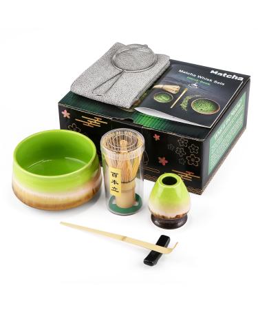 7 Piece Matcha Set Fouet Matcha Macha Tea Set with Matcha Spoon Whisk Holder Matcha Balai Shovel Strainer Matcha Kit Traditional Japanese Tea Ceremony Best Gift for Lovers Vert four