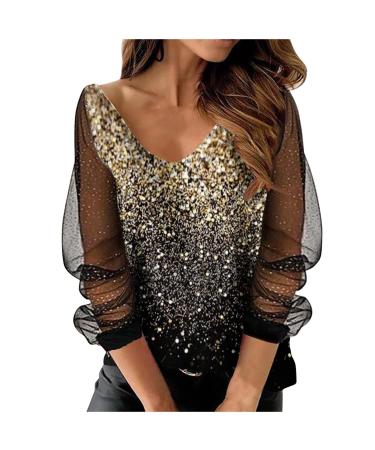 Routinfly Women's Casual V-Neck Blouse Mesh Long Sleeve Casual Loose Print Short Top Blouse Sexy Pullover Tunic Tops Shirt XXL 05-orange